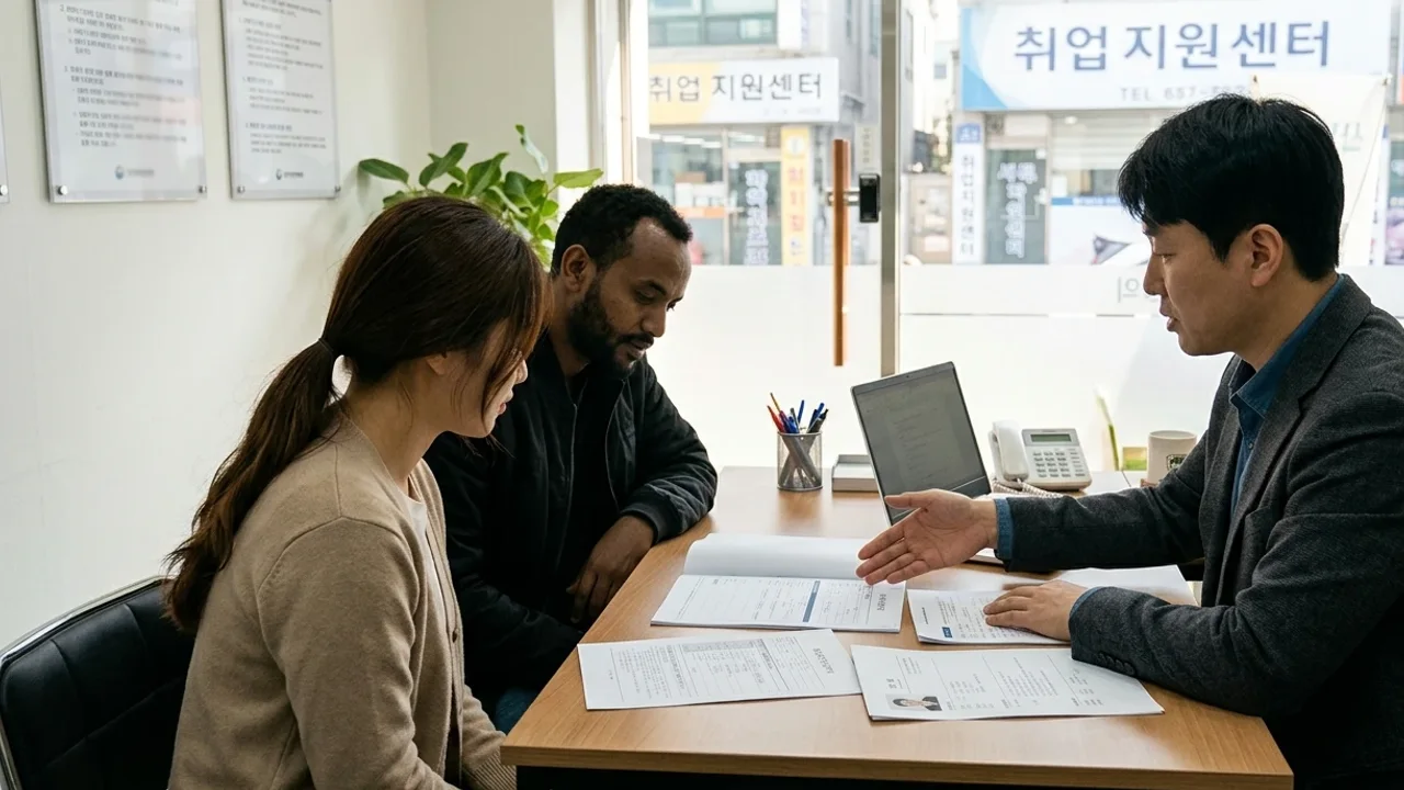 상담사와 서류를 보며 구직 상담을 하는 모습