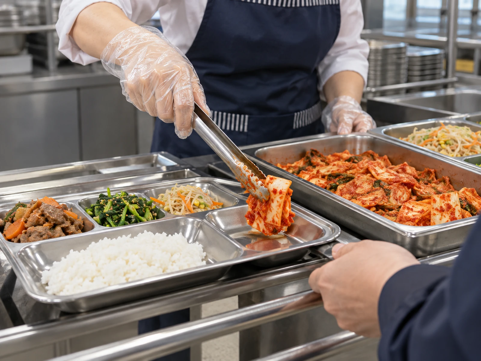 식판의 빈 칸에 집게로 김치를 담는 손